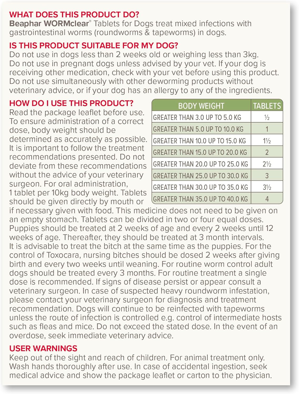 Beaphar Wormclear Dogs Up To 40kg 4 Tablets