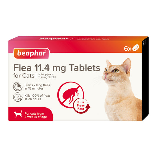 Beaphar Flea 11.4mg Tablets For Cats 6 Tablets, Fast Acting Kills Fleas Within 24hours