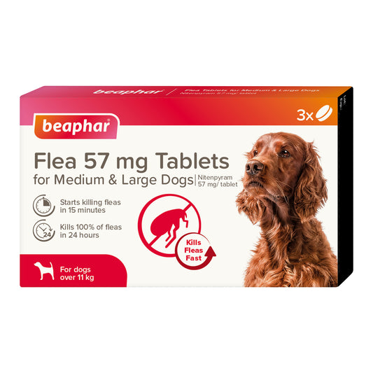 Beaphar Flea 57mg Tablets For Large Dogs 3 Tablets, Fast Acting Kills Fleas Within 24hours