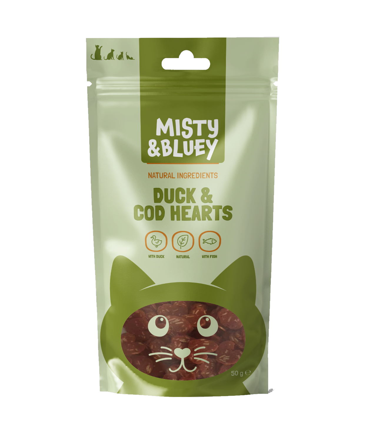 Misty & Bluey Duck & Cod Hearts 50g – Wundapets