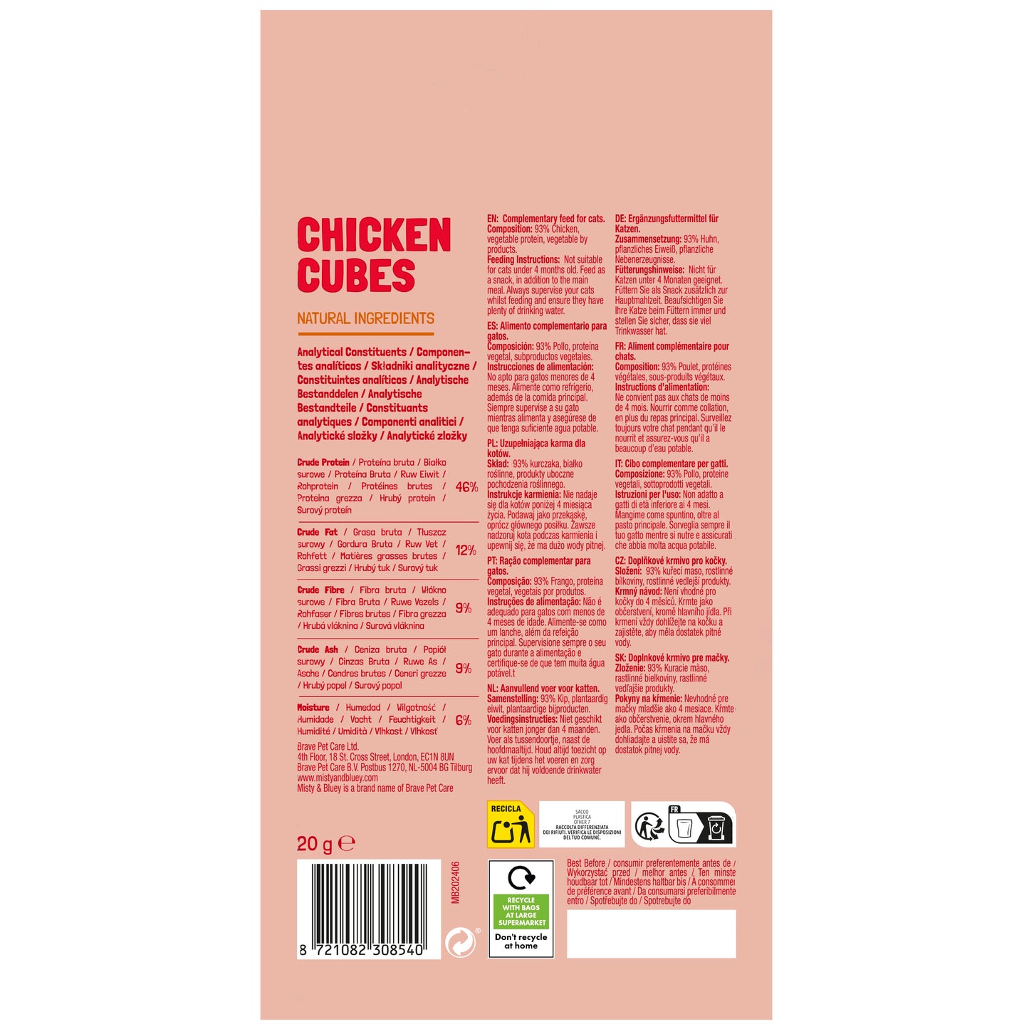 Misty & Bluey Natural Freeze Dried Chicken Cubes 20g